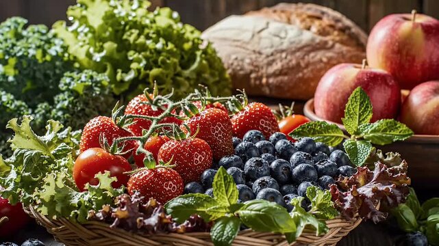 Fresh produce arrangement fruits vegetables and bread