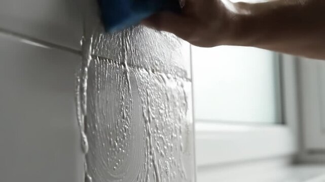 Hand scrubbing dirty white tiled wall with blue sponge and soapy water