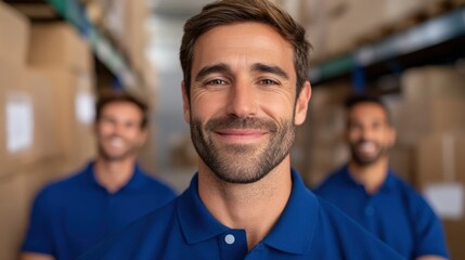 Fototapeta premium Corporate team, A confident man in a blue polo shirt stands smiling in a warehouse with two colleagues blurred in the background.