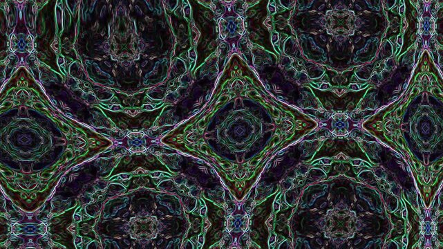 Intricate lines of glowing color weave through a deep, shadowed background, forming a repeating structure reminiscent of a living mandala. The composition balances precision and turbulence, where symm