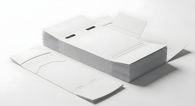 Stack of flat white rectangular cardboard boxes for shipping and product packaging on a clean background