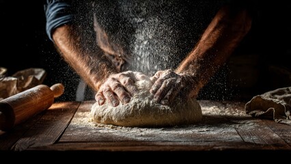 Baker Kneading Dough on Wooden Table with Flour

