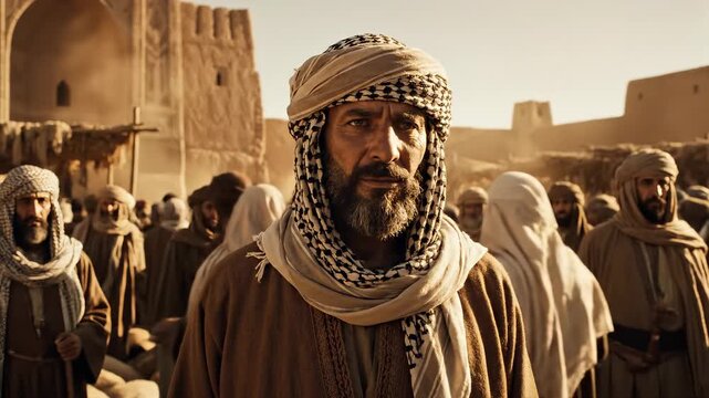 Arab men in traditional attire standing in an ancient desert market crowd with mud brick architecture