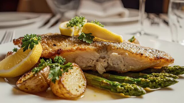 Gourmet dish of grilled fish with lemon and asparagus on white plate