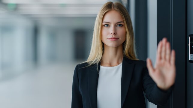 Corporate team, A confident woman in business attire raises her hand in a stop gesture, conveying authority and assertiveness in a modern office setting.