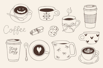 Whimsical hand drawn coffee set in monoline outline style with cup, latte, espresso, takeaway cup, bean, spoon and cinnamon. Cozy cafe aesthetic, minimal Scandinavian vector illustration on neutral ba