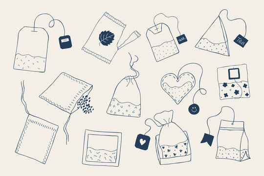Whimsical hand drawn tea bag collection in monoline outline style. Herbal sachet, pyramid bag, loose leaf packet and tag. Mediterranean blue vector set with cozy Scandinavian aesthetic.