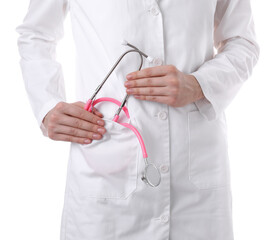 Doctor with stethoscope in pocket on white background, closeup