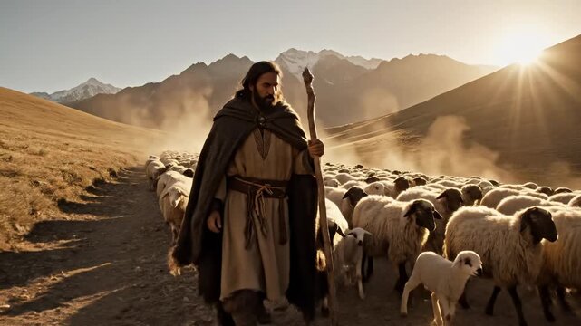 Arab shepherd man guiding flock of sheep along dusty mountain path at golden hour sunset