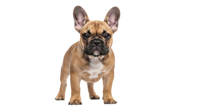Small brown dog with big ears stands in front of a white background, isolated