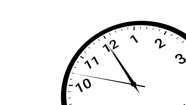 3D perspective analog clock countdown animation from 11:59 to 12:00 moving from bottom corner on white background and green screen. 4K animated clock for motion graphics and cinematic countdown timer.