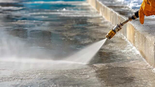 Closeup of liquid deicing spray being applied on a concrete walkway to prevent ice buildup in cold weather
