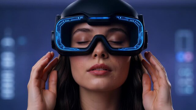 Woman experiencing virtual reality with sleek headset and closed eyes, futuristic glow