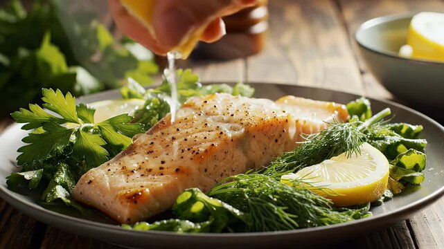 Grilled salmon dish with lemon and herbs on a plate