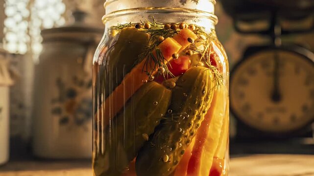 Jar of pickles and preserved vegetables on wooden surface with scale