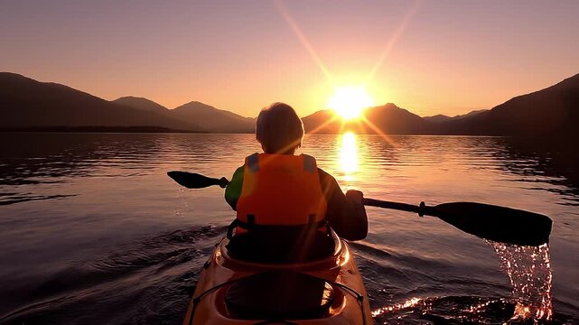 Back view of a person wearing a life jacket and paddling a kayak on a calm lake toward a stunning sunset, with sun rays reflecting on the water and mountains silhouetted in the background