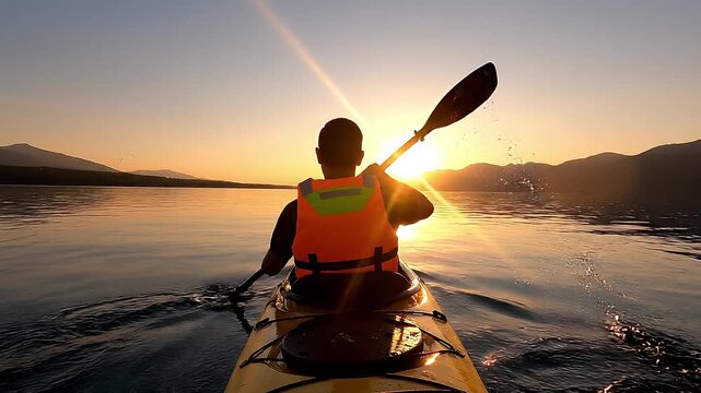 Lone man wearing a life vest paddling a kayak on a tranquil lake, moving towards the glowing sunset over distant mountains. The warm light creates a beautiful reflection on the calm water surface