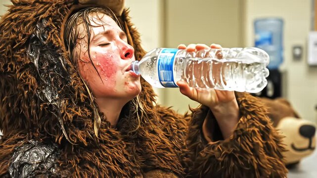Exhausted female mascot performer in bear costume drinking water in break room with flushed sweaty face