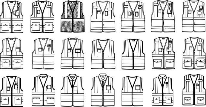 Set of 21 Outline Safety Vests and Work Vest Icons, Line Art Collection Illustrating Different Designs for Industrial Safety, Construction, and Engineering Professionals.