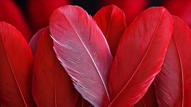 A close up of red feathers with white tips. The feathers are arranged in a heart shape. Concept of love and warmth