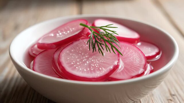 Sliced radishes in bowl with water close up