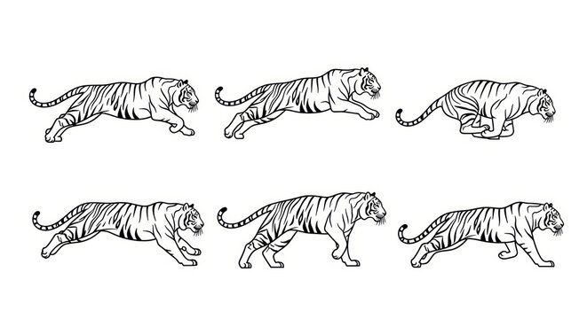 Tiger Motion Sequence: Dynamic Poses of a Majestic Big Cat in Outline