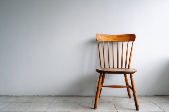 Simple wooden spindle back chair stands against a neutral wall indoors