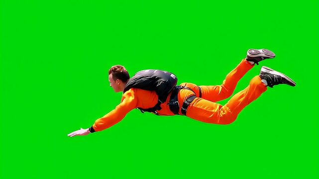 Skydiver in Orange Jumpsuit Freefalling Against Green Screen for Easy Compositing. Isolated Man Flying During Extreme Sport Activity.