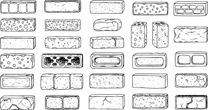 Hand-Drawn Sketch Set of Construction Bricks and Concrete Blocks. Detailed line art vector collection of various building materials, including hollow, solid, and decorative bricks.