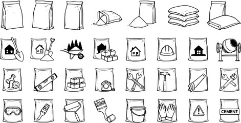 Construction Doodle Set: Hand-Drawn Building Material and Tools Vector Illustration © pixsource