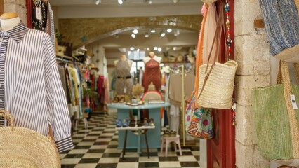 Fototapeta premium Blurred colorful boutique interior showing racks, mannequins and woven bags in shallow soft bokeh shop; background backplate copyspace calm.
