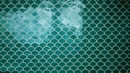 Teal scallop ceramic tile wall texture with glossy highlights and repeating fish scale pattern, close framed interior surface  background backplate copyspace calm. © Krakenimages.com
