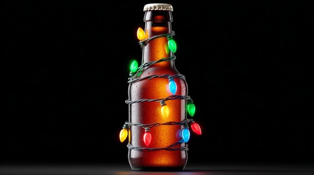 A bottle of beer is decorated with Christmas lights. The bottle is lit up with a green light