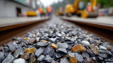 A train track with a pile of rocks on it. The rocks are scattered all over the track, and there are three people in the background. Scene is somewhat chaotic and disorganized