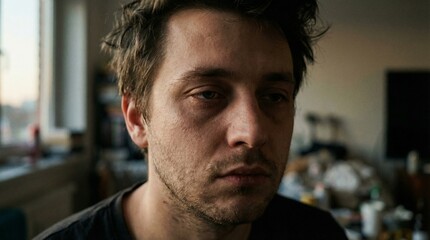Fototapeta premium Close-up portrait of emotionally exhausted young adult expressing mental fatigue