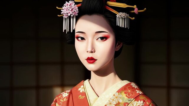 The Enchanting Geisha: A captivating portrait of a geisha adorned in traditional attire, her delicate features highlighted by intricate makeup and elegant hair ornaments.