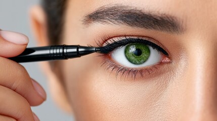 Naklejka premium A woman is applying eyeliner to her eyes. The eyeliner is black and the woman's eyes are green
