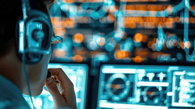 Operator in Technology: Capturing the image of focused operator in a technology-driven environment, monitoring complex data streams and communicating via headset.