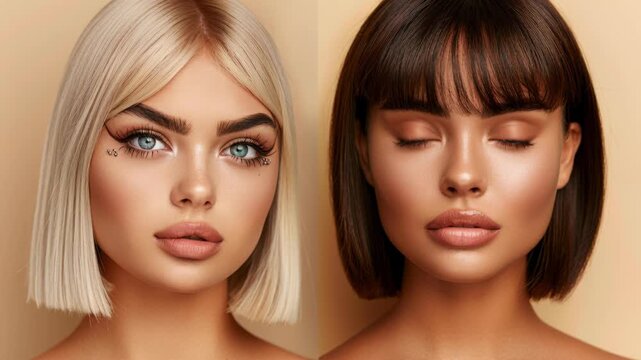 Elegant Portraits: A side-by-side display of two beautiful young women with striking differences in hair color and skin tones, capturing individual charm and beauty.