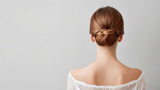 Elegant Hairstyle: A portrait showcasing the nape and back of a woman's head, focusing on her meticulously styled, neatly bun hairstyle against a subtly soft backdrop.