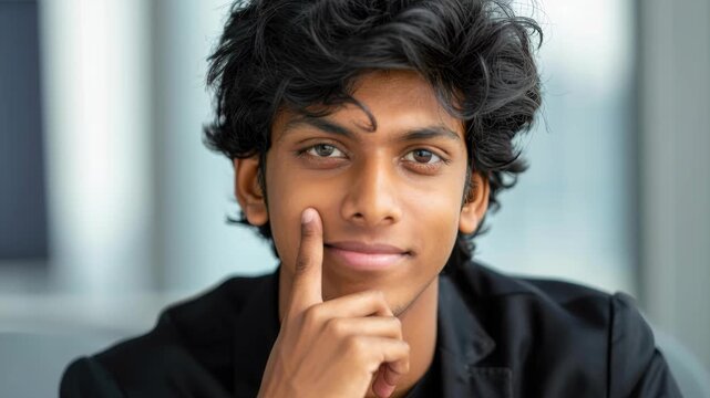 Portrait of Contemplation: A young man with dark, curly hair gazes thoughtfully at the viewer, his expression radiating a sense of intelligent contemplation.