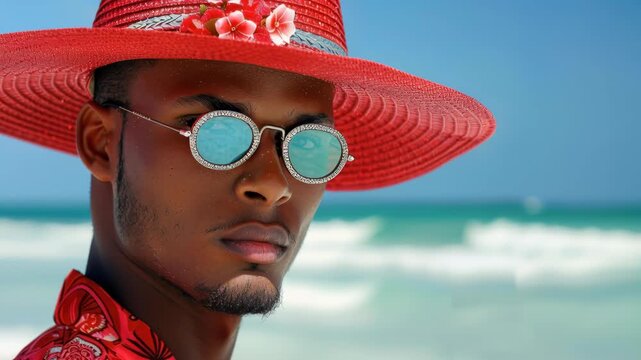 Stylish Summer Portrait: A fashionable individual exudes effortless style on a sunny beach day, sporting a vibrant red hat and cool sunglasses, capturing the essence of summer flair.