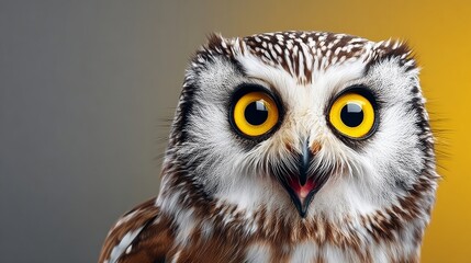 A brown owl with yellow eyes is staring at the camera. The owl's eyes are wide open, and it has a mouth open as if it's saying something. The owl's expression is intense and curious