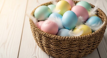 Easter Eggs in a Wicker Basket with Feathers on Wooden Background.