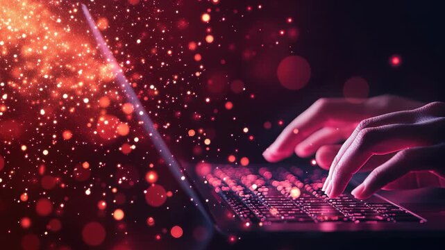 Digital Craftsmanship: Hands expertly navigate a laptop keyboard, the warm glow of data visualization illuminating the scene, symbolizing the creative process and the power of technology.