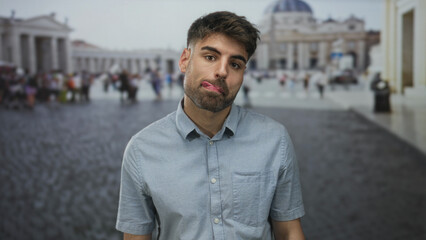 Man stands with tongue out on street before vatican building  irreverent humor playful travel. © Krakenimages.com