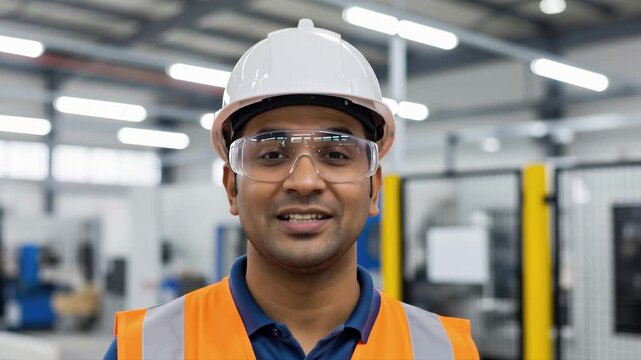 Indian man in safety gear speaking to camera in a factory. Professional engineer or technician talking about his work in a modern manufacturing plant. Industrial safety and career testimony