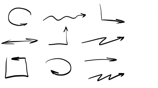 Hand drawn arrows. Doodle, sketchy style pointers. Set of arrows drawing animation