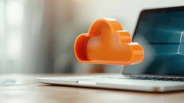 Cloud Technology Integration: A close-up shot captures a laptop with a vibrant orange cloud icon hovering above it, symbolizing seamless data storage and access through the power of cloud technology.