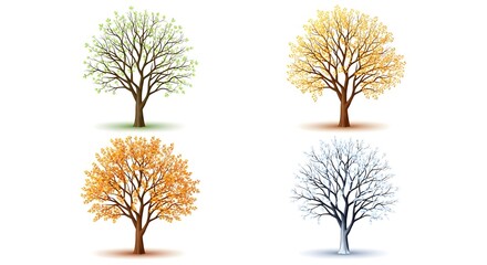Fototapeta premium Four seasonal trees showcasing green, yellow, orange, and white foliage representing nature's cycle